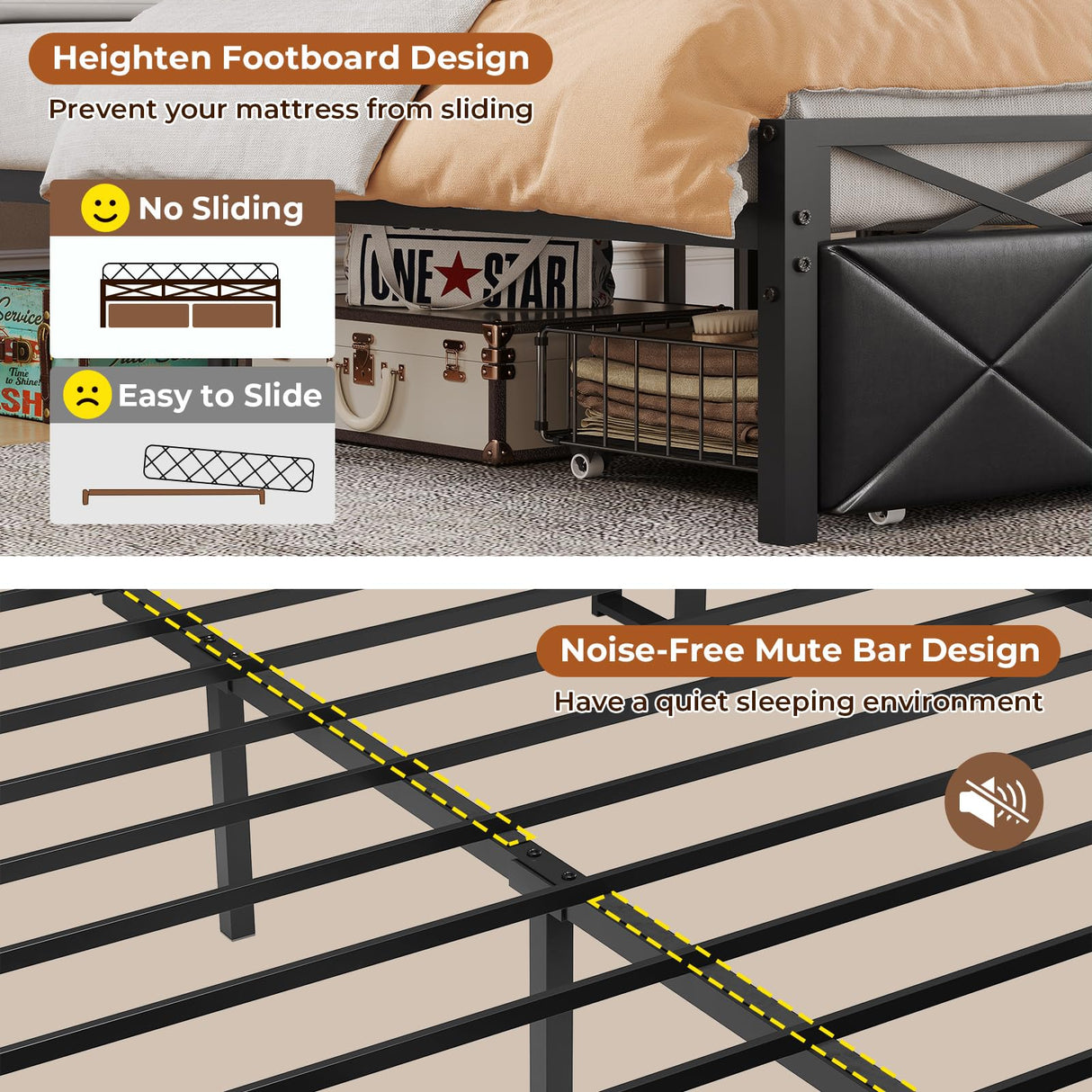 DICTAC King Size Bed Frame with Storage Headboard, LED Lights, and 2 Drawers – No Box Spring Needed, Black DICTAC