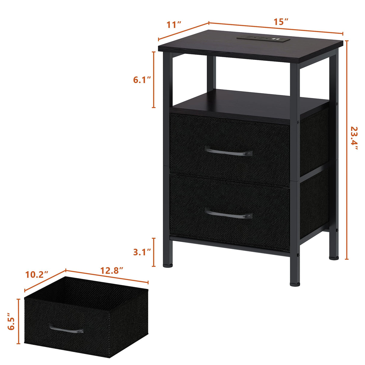 TRIFEBLE Nightstands Set of 2, Night Stand with Charging Station and Led Lights, Bedside Table with 2 Fabric Drawers for Bedroom, Small Side End Table with Open Shelf, Black TRIFEBLE