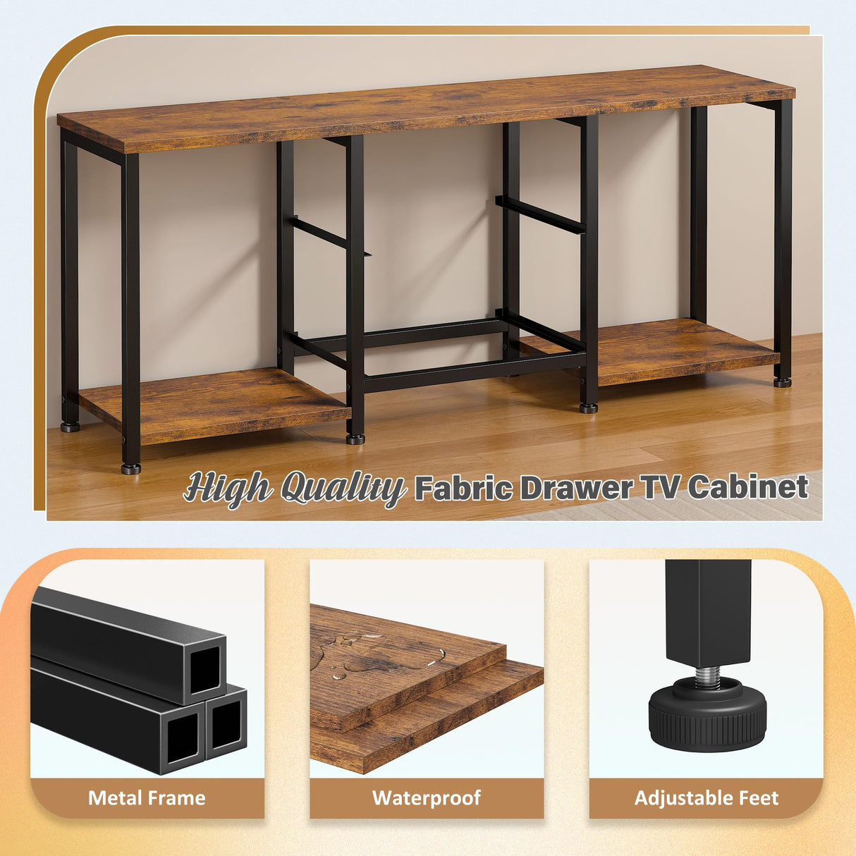 LED TV Stand Dresser for TVs up to 55 Inch, Entertainment Center with 2 Fabric Drawers and 2 Open Storage Shelves, Coffee Table Television Stands for Living Room, Bedroom, Wood Top, Rustic Brown EnHomee