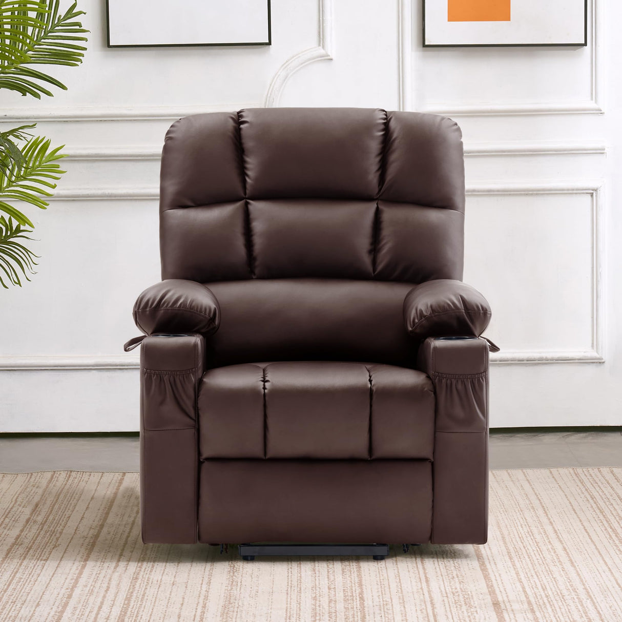 MCombo Medium Lay Flat Dual Motor Power Lift Recliner Chair Sofa with Massage and Heat for Elderly People, Infinite Position, Faux Leather 7679 (Light Brown, Medium) MCombo