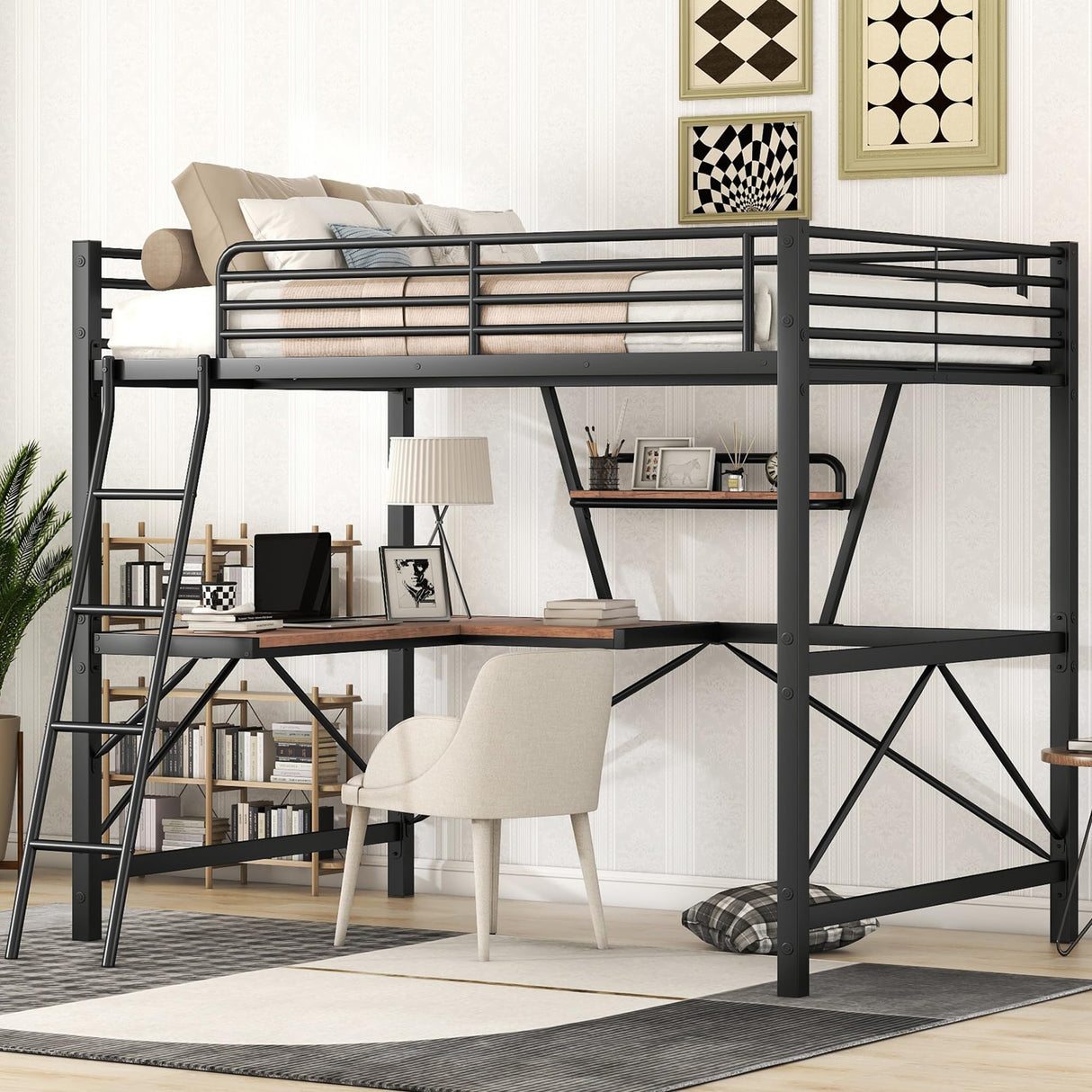 Full Size Loft Bed with Desk and Storage Shelf, Heavy Duty Loft Bed Full Size, Full Loft Bed with Guardrail, Full Loft Bed for Kids, Teens, Full Size Loft Bed Black Bellemave