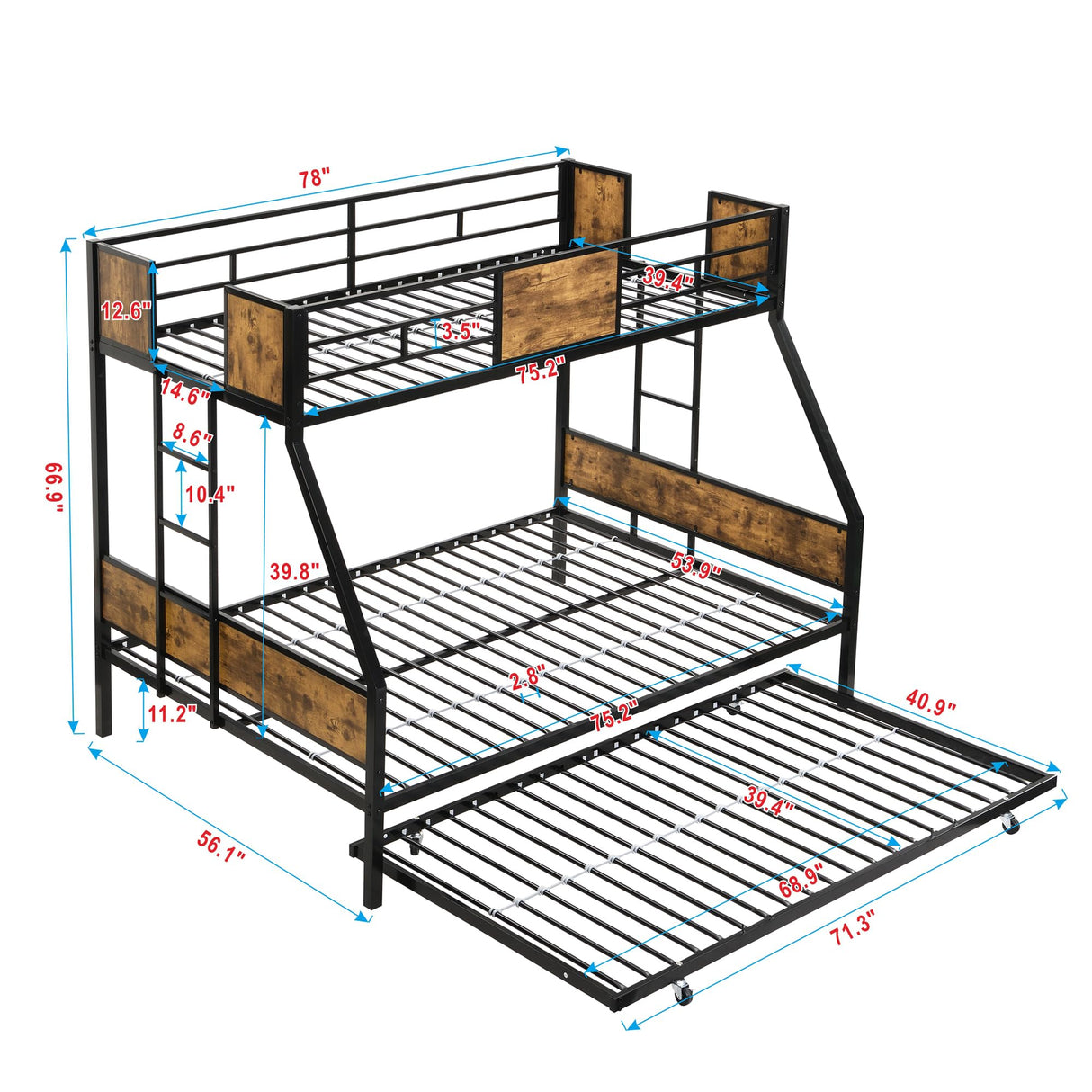 Rophefx Twin Over Full Bunk Beds with Trundle, Heavy Duty Metal Bed Frame with Safety Rail 2 Side Ladders Triple Bunk Bed No Box Spring Needed Space-Saving, Black Rophefx