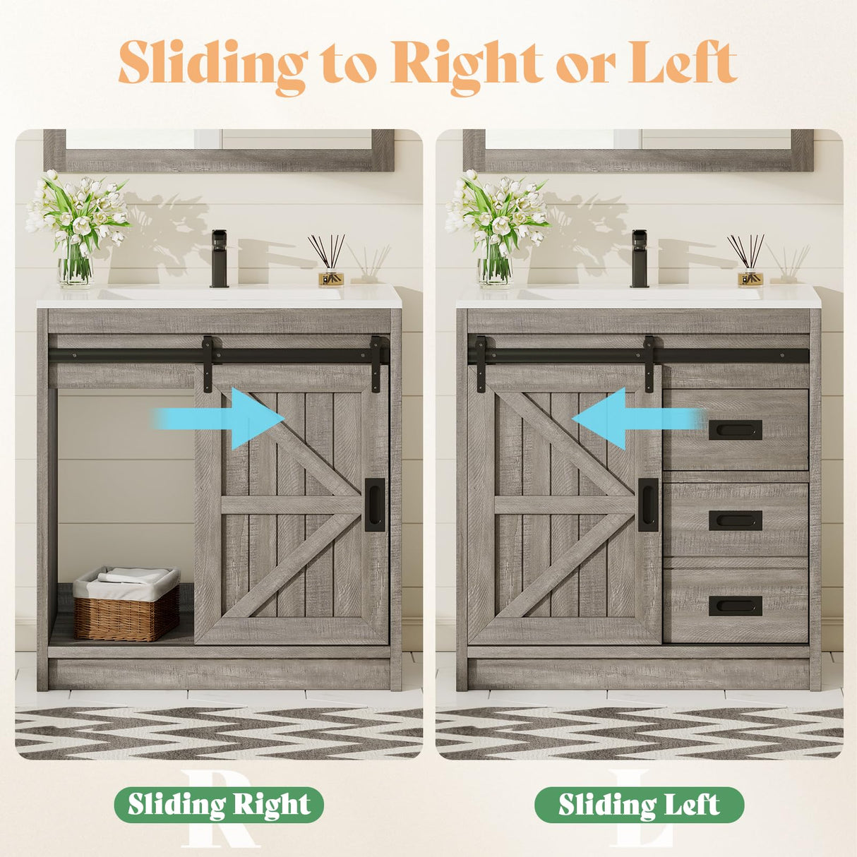 AMERLIFE Farmhouse Bathroom Vanity with Sink Combo, 31in Sliding Barn Door Bathroom Vanity Cabinet Set with Storage Drawers, Metal Handles, Small Single Bath Storage Vanity Sink, Light Grey AMERLIFE