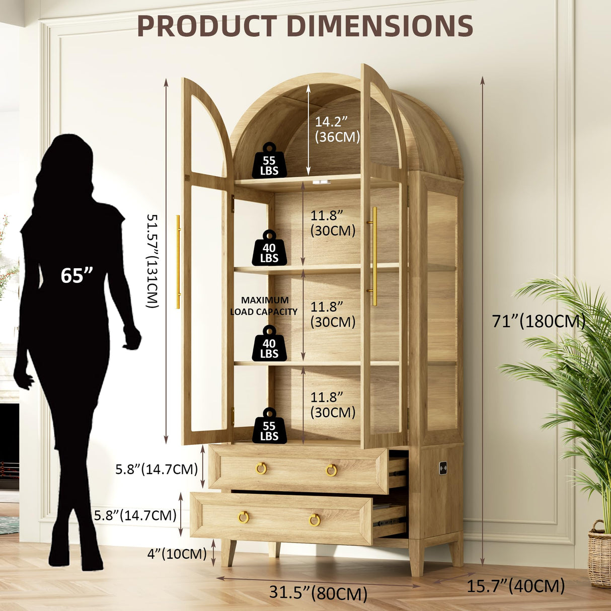 Vlsrka 71" Arched Curio Cabinet with Glass Doors, 4-Shelves Display Cabinet and 2 Drawers, Display Case with 3 Color Lights, Tall Bookcase, Kitchen Pantry, Wood Color Vlsrka