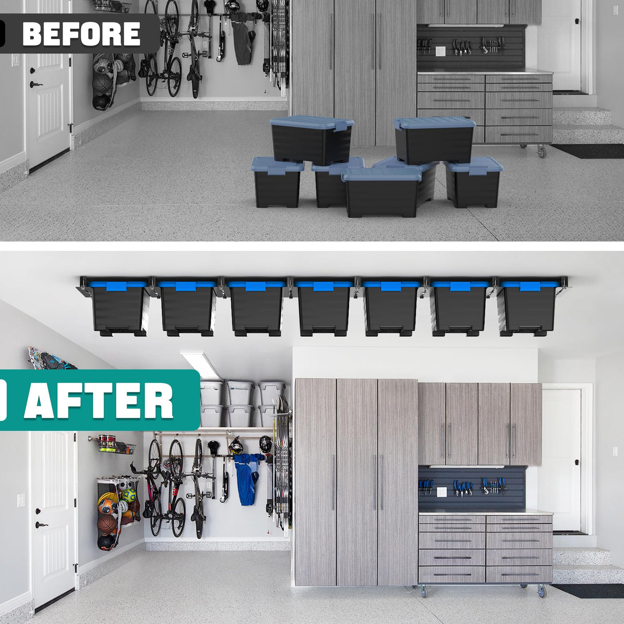 EVERHANGER Ceiling Storage Rack, Heavy Duty Overhead Storage Rack for Garage, Adjustable Ceiling Bin Storage System, 8 Sets for 7 Bins, 16 Inch EVERHANGER