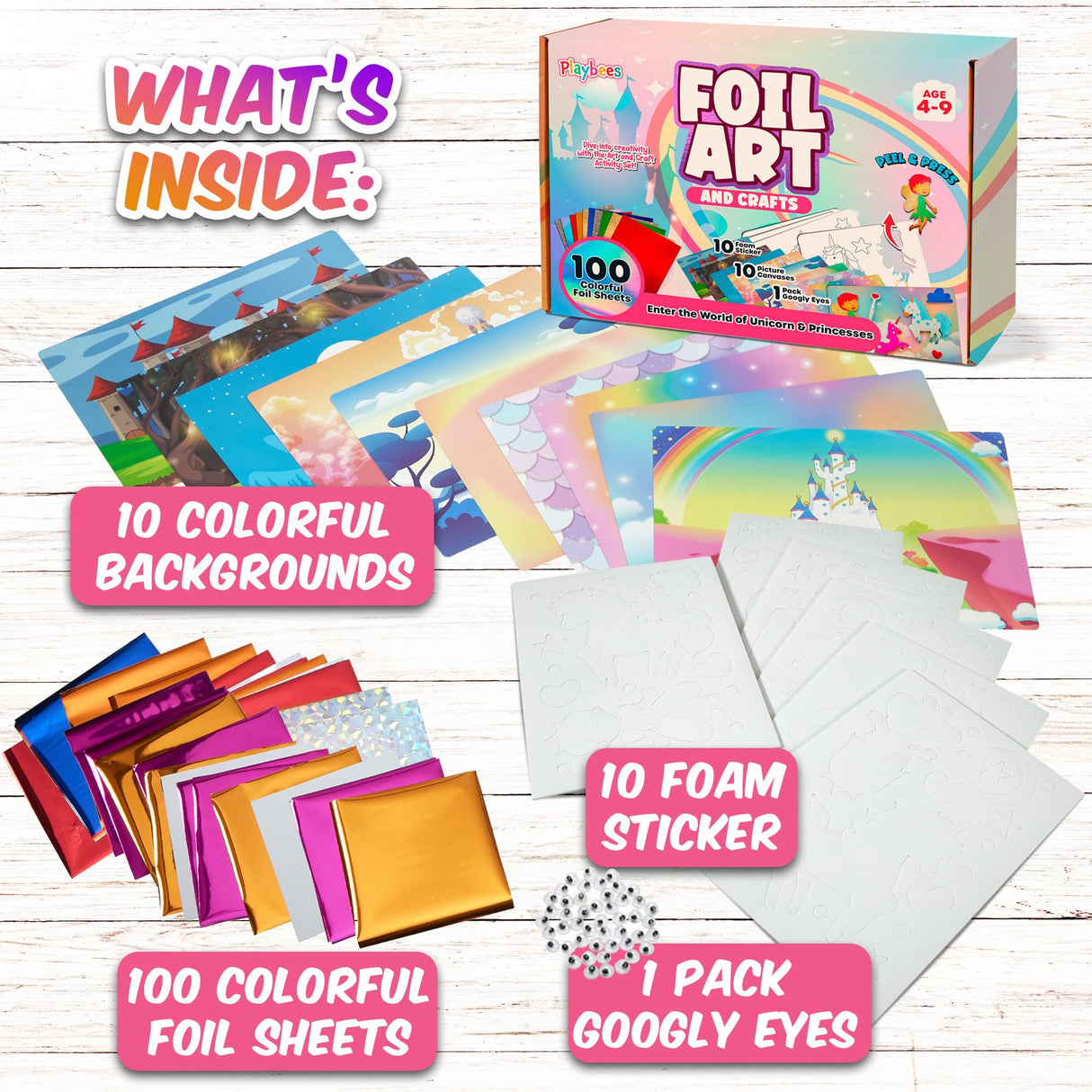 Playbees Foil Art Kit Unicorns & Princesses - Preschool Arts and Crafts Kit for Kids- No Mess Art for Boys & Girls Ages 4, 5, 6, 7, 8, 9 - DIY Creative Activity Art & Craft Activity Playbees