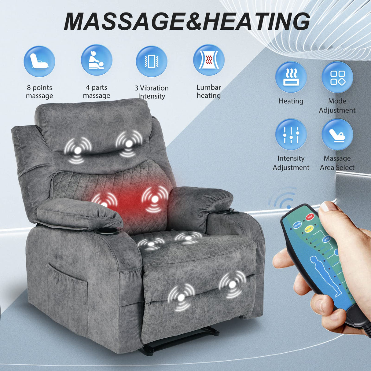 Comermax Fabric Massage Recliner Chairs with Heat Massaging Manual Reclining Chair Overstuffed Heated Recliners with Cup Holders for Adults Grey Comermax
