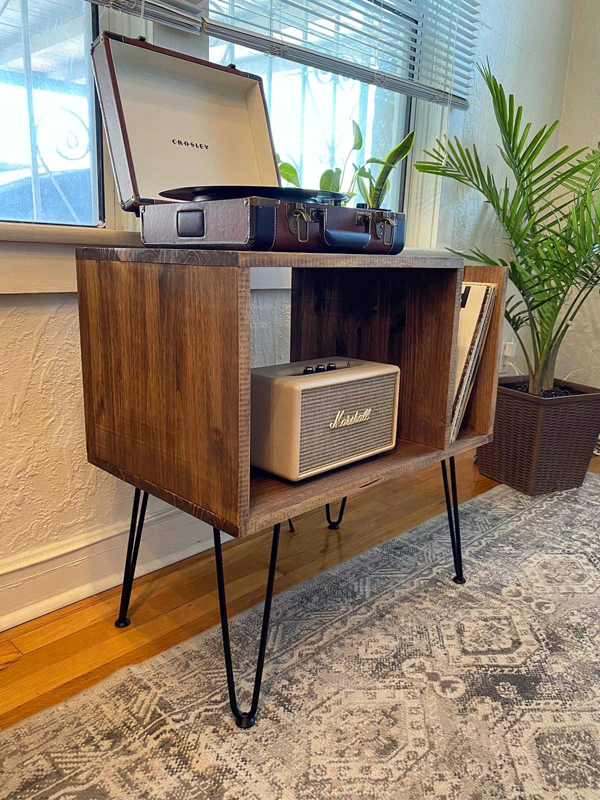 Table For Record Player Stand Cabinet MCM Mid Century Modern with Hairpin Legs WoodArtSupply