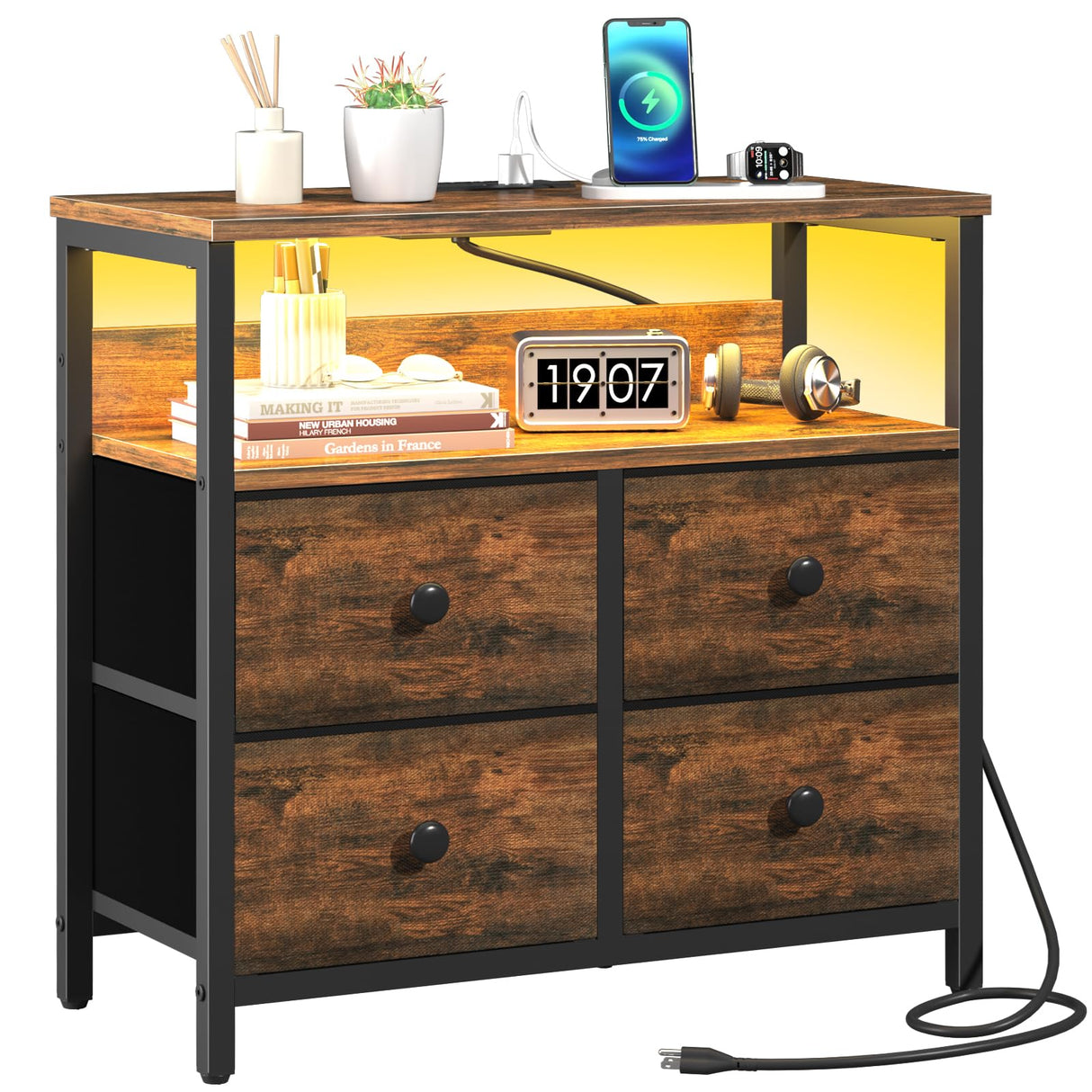 Yoobure Night Stand with Charge Station, Nightstand with 4 Drawers Bedside Table, LED Dresser with Storage Shelf, Night Stands for Bedroom, Side Table 3-Tier Wood End Table for Home Rustic Brown Yoobure