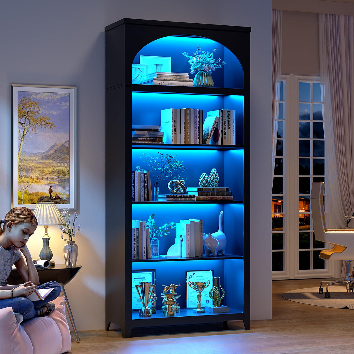 jajov 2pc Bookshelf with LED Light, 70“ Tall Bookshelves and Bookcases Floor Standing, 5 Tier Book Shelf Wooden Bookcase Multipurpose Bookshelf for Home Office, Living Room -Black jajov