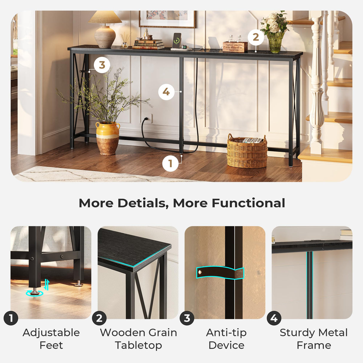 SUPERJARE 70 Inch Console Table with 2 Outlets, 1 Type-C and 1 USB Port, Extra Long Entryway Table with Metal Frame and X-Shaped Bars, Narrow Sofa Table for Living Room, Hallway, Black SUPERJARE