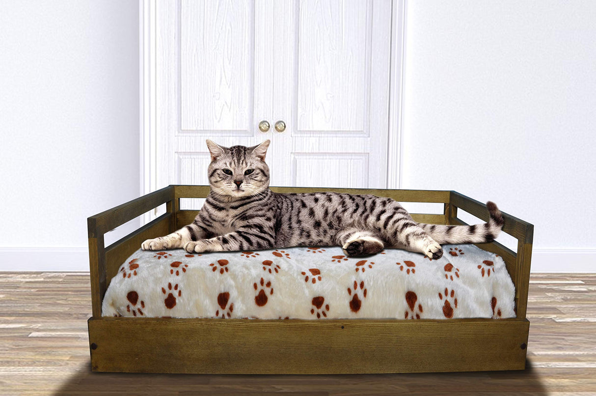 Iconic Pet Sassy Paws Wooden Pet Bed with Paw Printed Comfy Cushion for Dogs & Cats in Varying Sizes & Colors, Small-Rustic Brown Iconic Pet