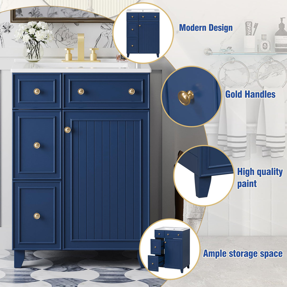 Harper & Bright Designs 24" Bathroom Vanity with Sink, Free Standing Single Basin Vanity Set with Two Drawers and One Door, Modern Solid Wood Bathroom Cabinet with Ceramic Basin for Bathroom, Blue Harper & Bright Designs