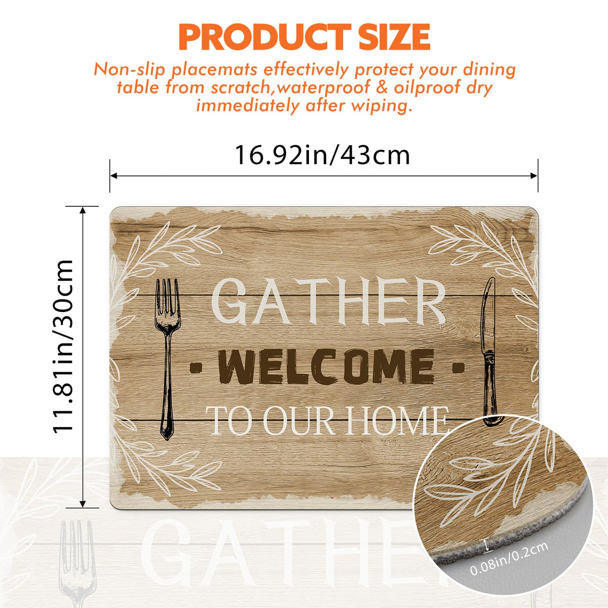 Aimego Wood Grain Placemats Set of 4 - Farmhouse Faux Leather Washable Non Slip Wipeable Waterproof Heat Resistant Place Mats for Kitchen Dining Table, Rustic Table Mats Set, 17" x 12" Aimego