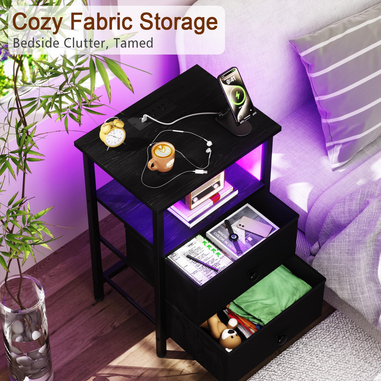 LOAKEKEL Nightstand with Charging Station, End Table with 2 Fabric Drawers, LED Night Stand for Bedroom, Small Bed Side Table with USB Ports and Outlets for Living Room, Black, HETS02BK-1 LOAKEKEL