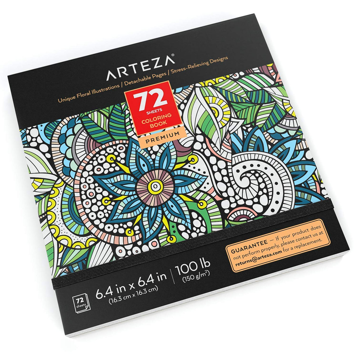 ARTEZA Adult Coloring Book, Floral Designs, 72 Sheets, 6.4x6.4 Inches Coloring Pages, 100 lb Paper, Gray Outlines ARTEZA
