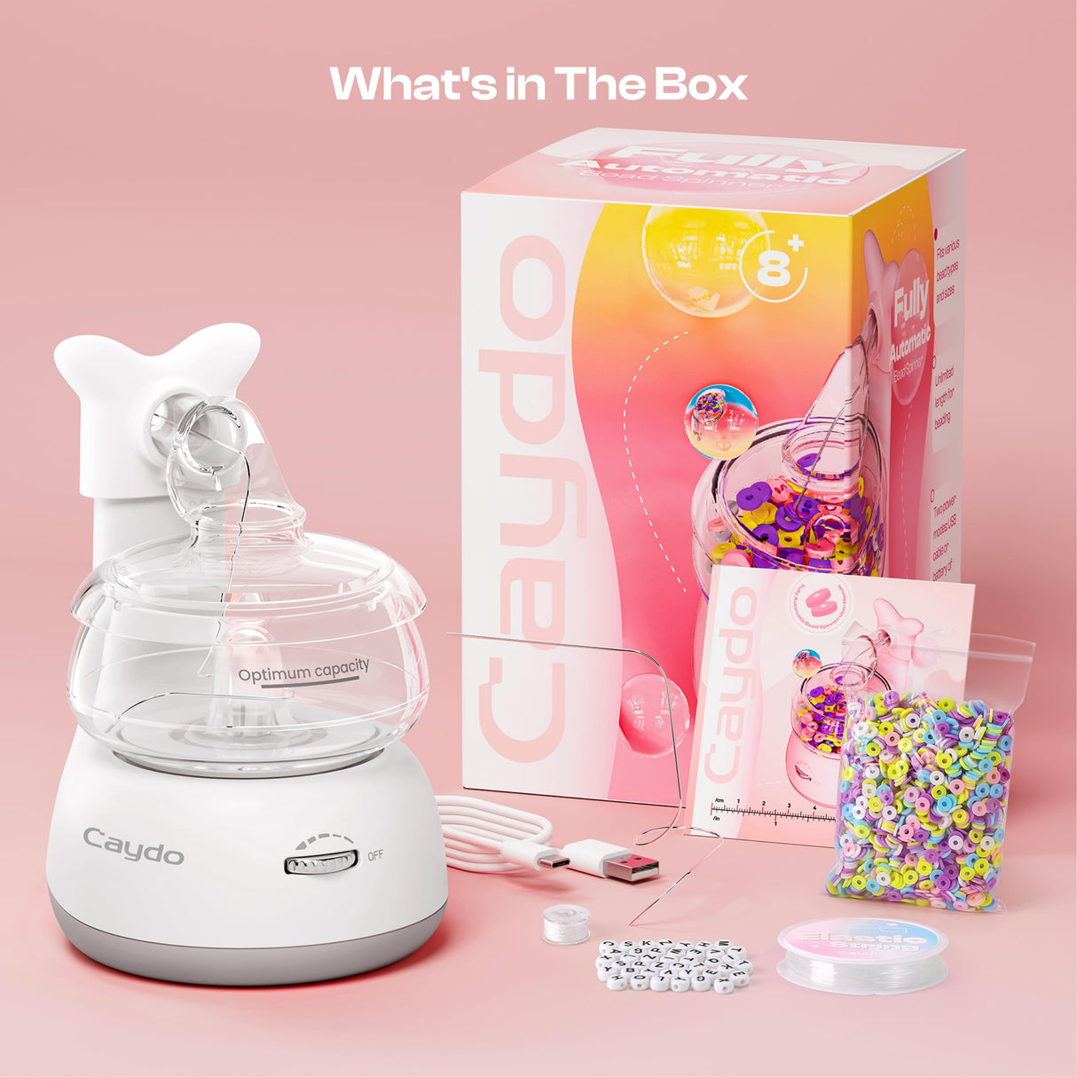 Caydo Electric Bead Spinner for Jewelry Making – Clay Bead Bracelet Maker Machine with Clay Beads, Needle & Elastic String | DIY Craft Kit Gift for Girls, Kids, Teens (Ages 8+, White) Caydo