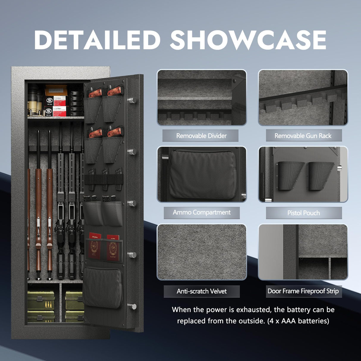 KAER Fireproof 20 Gun Safe 1400°F / 45 Minutes Biometric Gun Safe for Rifles and Pistols Rifle Safe Gun Cabinet Quick Access Gun Safes with Adjustable Shelf and Gun Rack (Gray) KAER