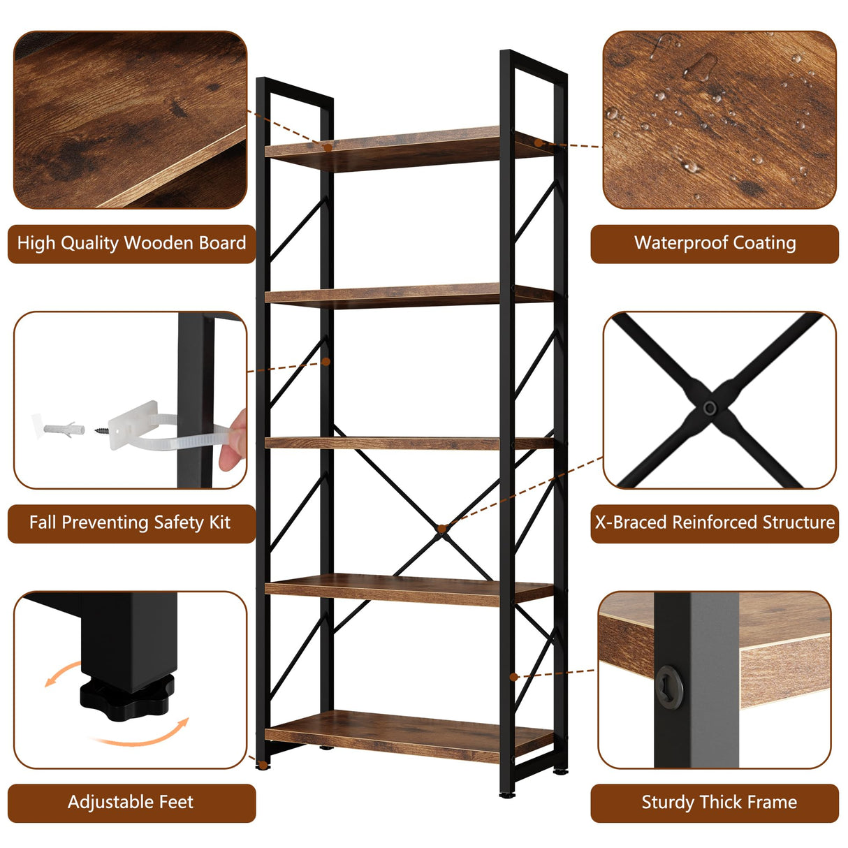 Walsunny Bookshelf, 5 Tier Bookshelves, Home Office Bookcase Shelf Storage Organizer, Free Standing Storage Shelving Unit for Bedroom, Living Room and Home Office,Rustic Brown Shintenchi