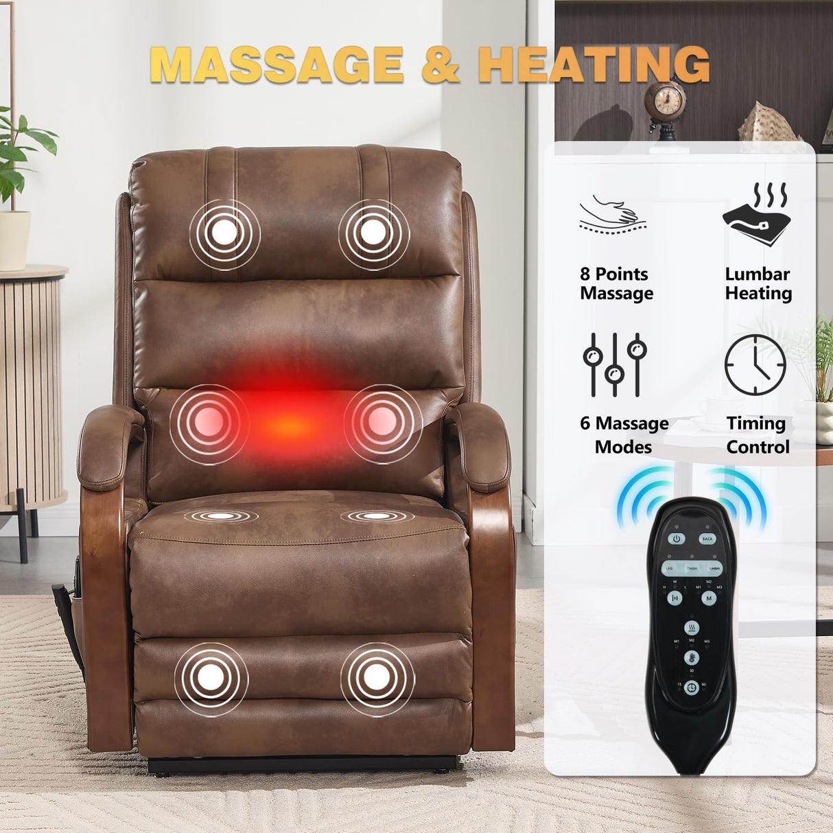 Dual Motor Power Lift Recliner Chair, Lift Chair with Massage and Heat for Elderly, Lay Flat Recliner, Standing Assistance, Infinite Position Reclining, Living Room Chair, Faux Leather, Brown Trustyue