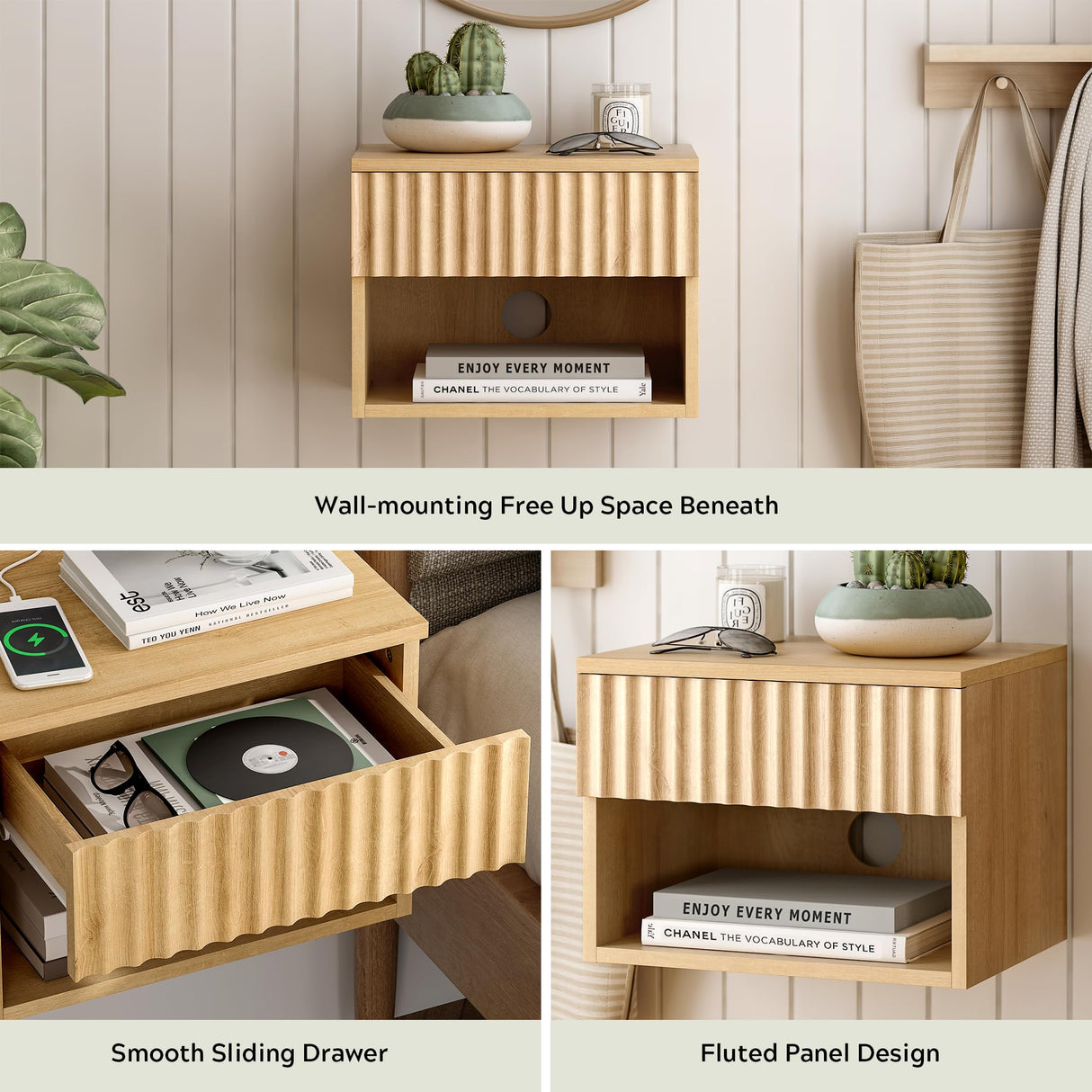 EYYTHUNG Small Floating Nightstand Set of 2, Modern Fluted Night Stand with Drawer and Open Storage Shelf Wall Mounted Bedside Tables Natural Oak EYYTHUNG