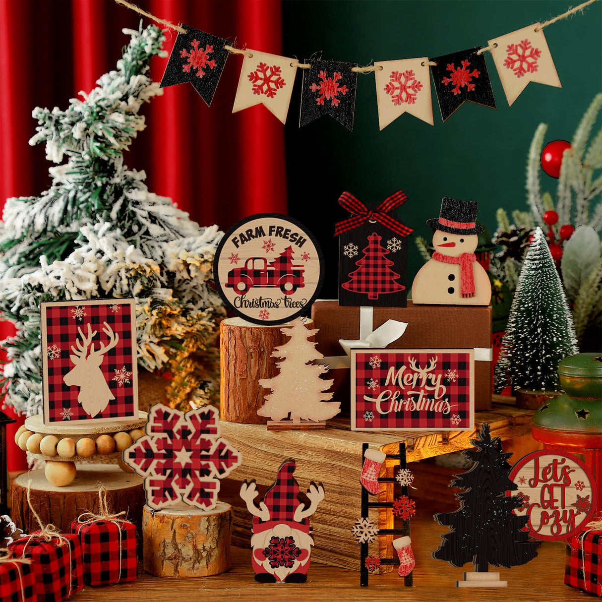Funnymoom 17 Pcs Christmas Tiered Tray Decor Red and Black Buffalo Plaid Wood Signs Farmhouse Rustic Christmas Table Decorations Centerpieces Wooden Blocks for Xmas Winter Home Winter Party Decor Funnymoom