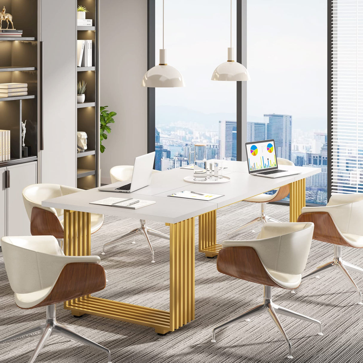 Tribesigns 70.9" Modern Office Desk, Wooden Computer Desk, White Executive Desk with Gold Metal Legs, Large Workstation for Home Office, Study Writing Desk, Small Conference Table for Meeting Room Tribesigns