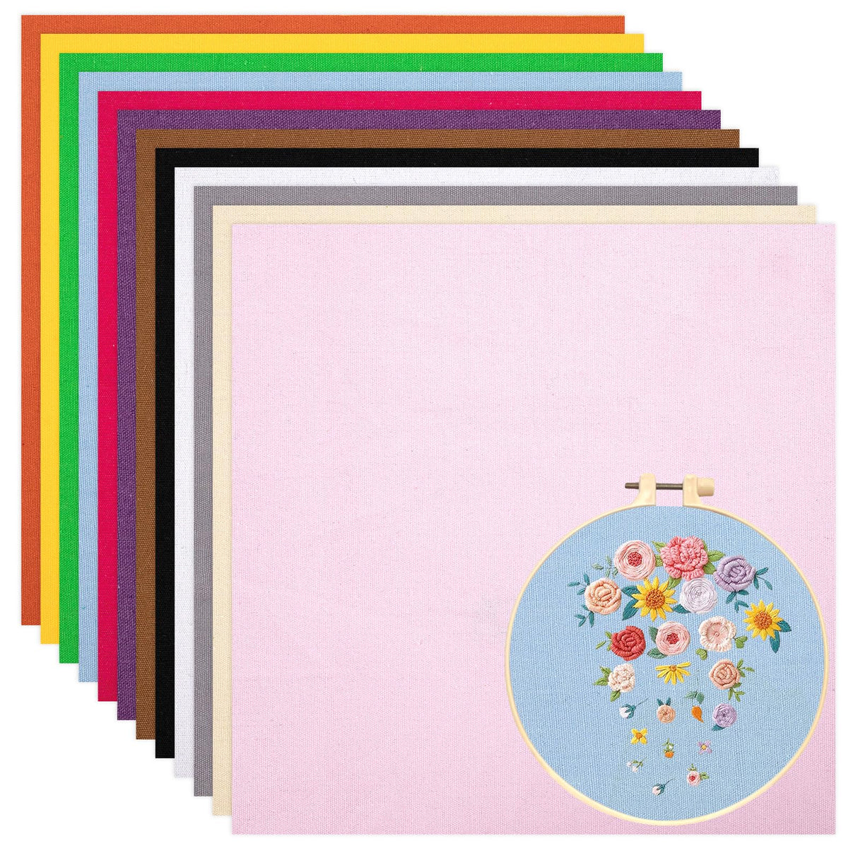 12 Sheets 12 Colors Embroidery Fabric, Pre-Cut Natural Cotton Embroidery Cloth Fabric, Embroidery Cloth Squares for Embroidery Garment Craft (5.9×5.9Inch) Nitelemn