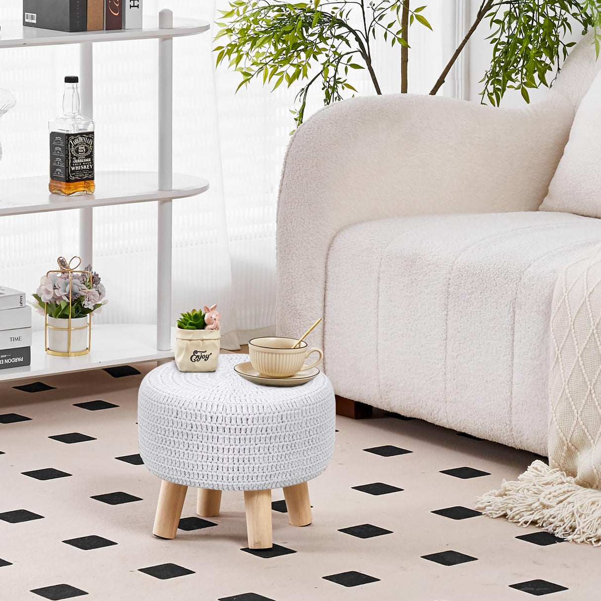 Wimarsbon Pouf Ottoman, 100% Cotton Knitted Boho Footstool, Round Footrest with Non-Skid Wood Legs, Home Décor Handmade Pouffe, Leisure Floor Step Stool for Living Room (Beige) Wimarsbon