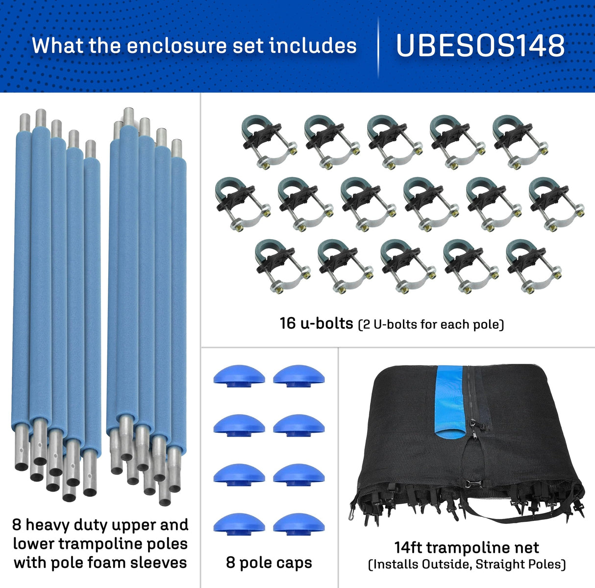 Machrus Upper Bounce Trampoline Safety Enclosure Set for 7.5 FT 10FT 12FT 13FT 14FT 15FT Frames - Includes Net, Poles & Hardware - Installs Outside Frame Upper Bounce