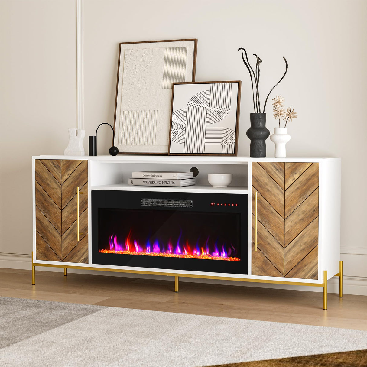 BELLEZE 68" Wood TV Stand with 36" Electric Fireplace, Entertainment Center with Storage Cabinet, Console Table for TVs up to 75 Inches, for Living Room, Bedroom - Harper (White Ebony) BELLEZE