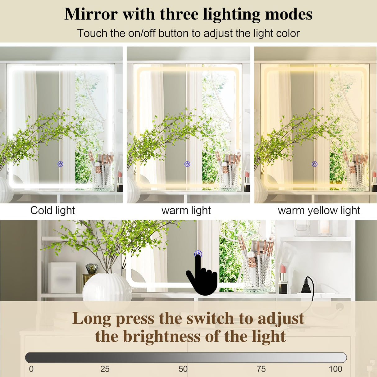 Ieejdn Makeup Vanity Desk with Mirror and Lights, Vanity Desk with 8 Drawers & Storage Shelves, Vanity Table with Power Outlet, 3 Color Modes & Adjustable Brightness Dressing Table, Bedroom,White Ieejdn