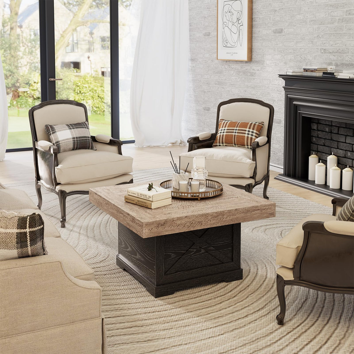 Lareth Coffee Table 31.5 in Rustic Center Table with X Design Wooden Pedestal for Living Room, Dark Oak Square Home Office Sofa Side Table for Small Space, Easy Assembly, Space-Saving Lareth