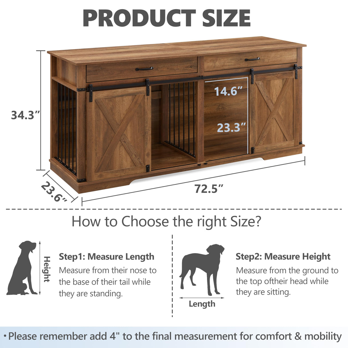 72.5" Double Dog Crate Furniture for 2 Medium Dogs, Heavy Duty Wood Dual Dog Kennel TV Stand with Sliding Doors and Storage Drawers, Rustic Oak KACVON