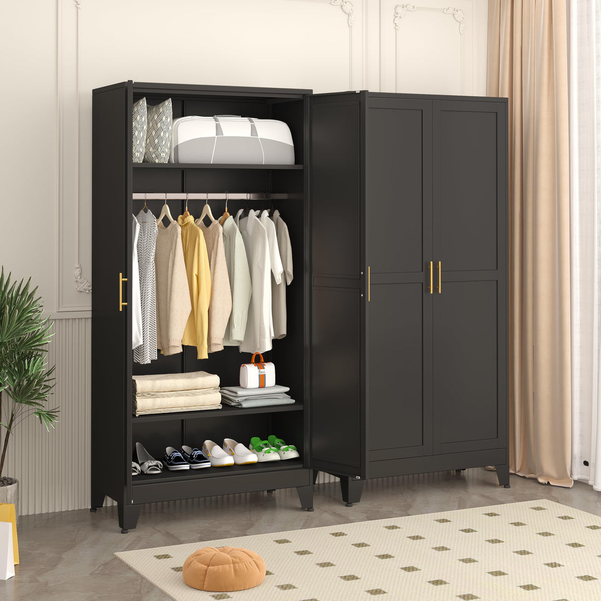 pozdeg Metal Armoire Wardrobe Closet, 71" Tall Clothing Storage Cabinet with Hanging Rods, Household Closet Organizers with Adjustable Shelves for Home Office or Gym (Black) pozdeg