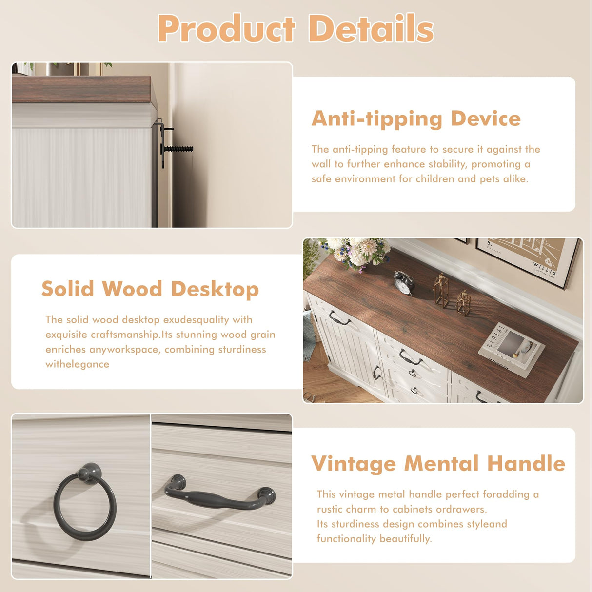 Maupvit Buffet Cabinet, Sideboard Cabinet with 2 Doors and 6 Drawers, Modern Farmhouse Buffet Table with Storage & Adjustable Shelves for Kitchen, Coffee Bar Table for Dining, Living Room (White) Maupvit