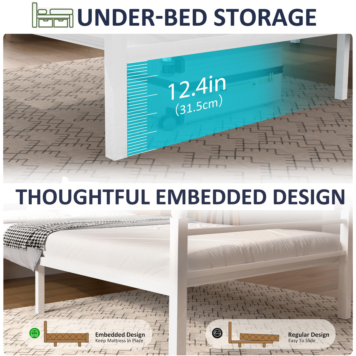 J.Fkne Twin Bed Frame with LED Lights & Charging Station, Metal Platform Bed with Headboard, Heavy Duty Metal Slats, No Box Spring Needed, Noise Free, Easy Assembly, White J.Fkne