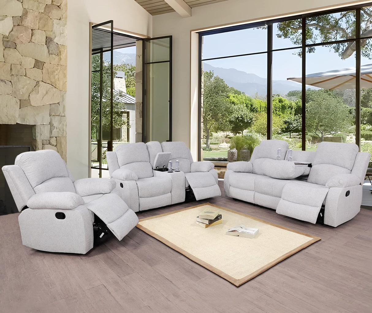 Recliner Sofa Set Microfiber Fabric, Living Room Furniture Set, Manual Reclining Living Room Sofa Set 3 Piece (Grey White) Generic