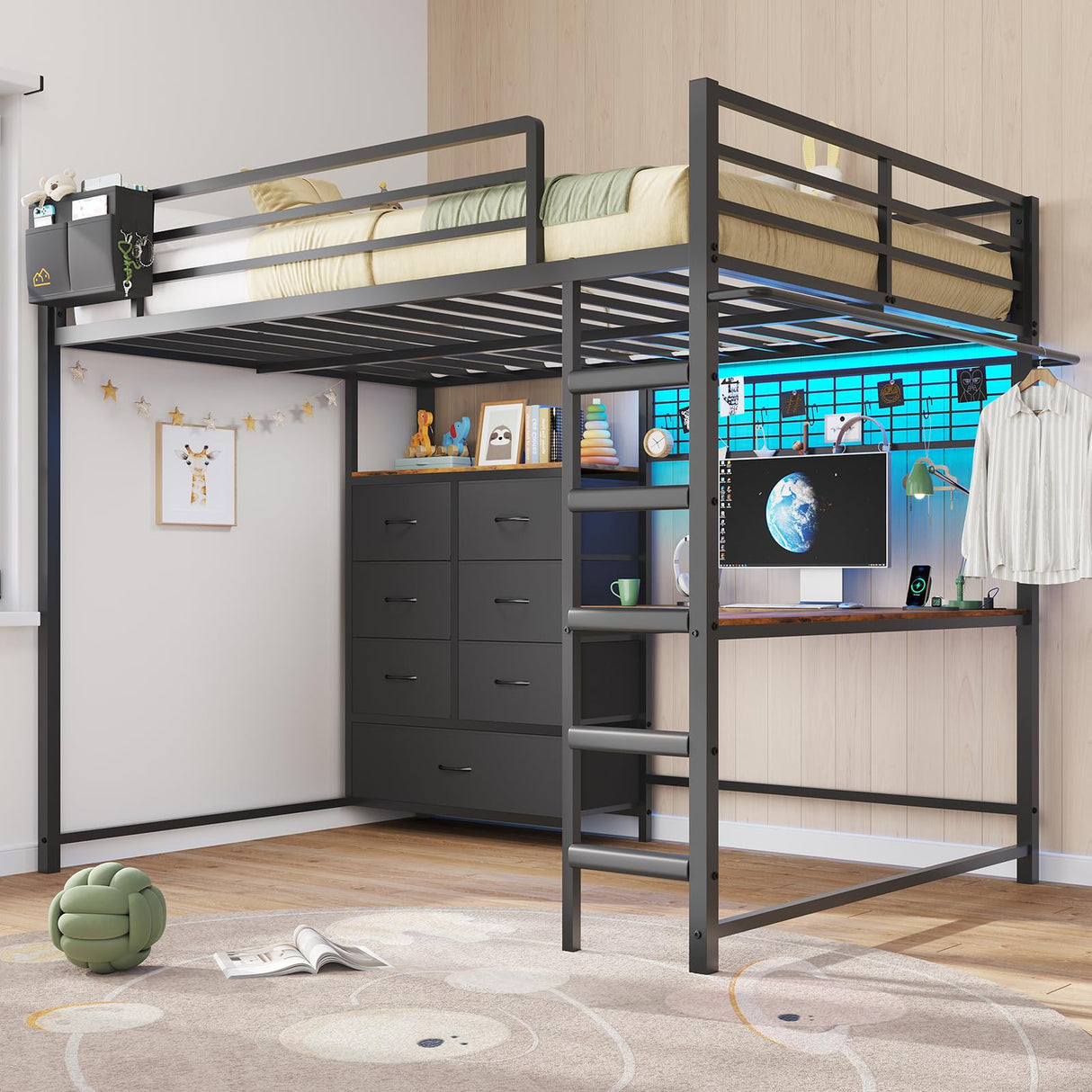 DICTAC Full Loft Bed with L-Shaped Desk and 7 Storage Drawers,Metal Full Size Loft Bed for Teen with LED Lights and Charging Station,13.11" H Safety Guardrail and Ladder,No Box Spring Needed, Black DICTAC