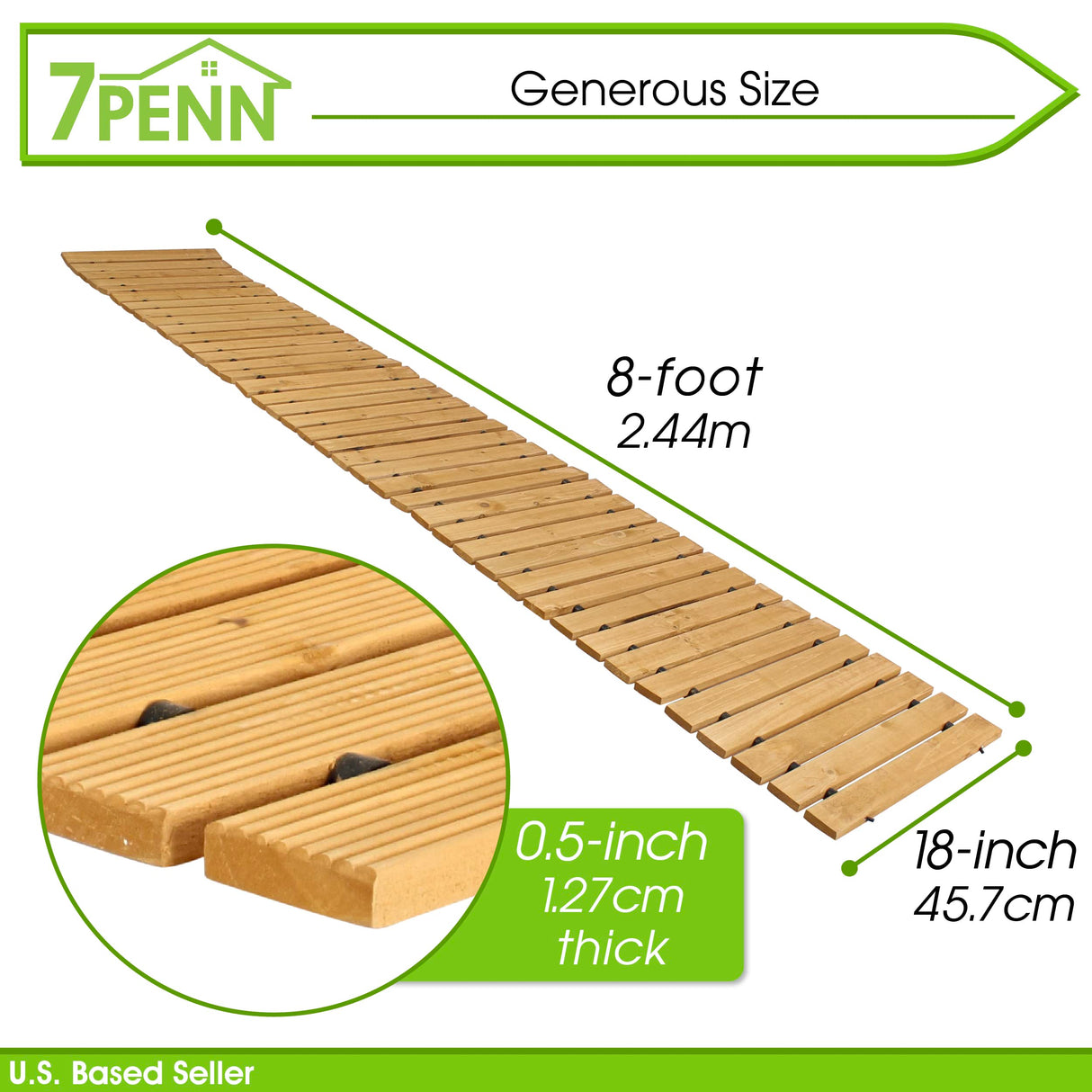 7Penn Garden Pathway Wood 8ft Roll Out - Weather Resistant Outdoor Flooring Wood Walkway Path for Garden, Backyard, Patio, RV, or Lawn - Wooden Slat Portable Roll Out Decking for Muddy Yards 7Penn