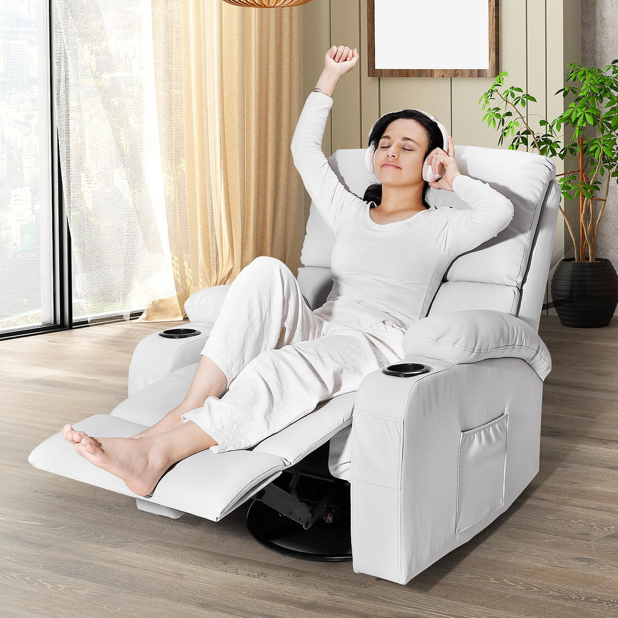 Rocking Recliner Chair, Massage Rocker Recliner Chair with Vibration Massage and Heat, USB and Type-C Ports,360° Swivel Faux Leather Chairs, Living Room, Bedroom, Nursery, RV, Light Grey LEVELEVE