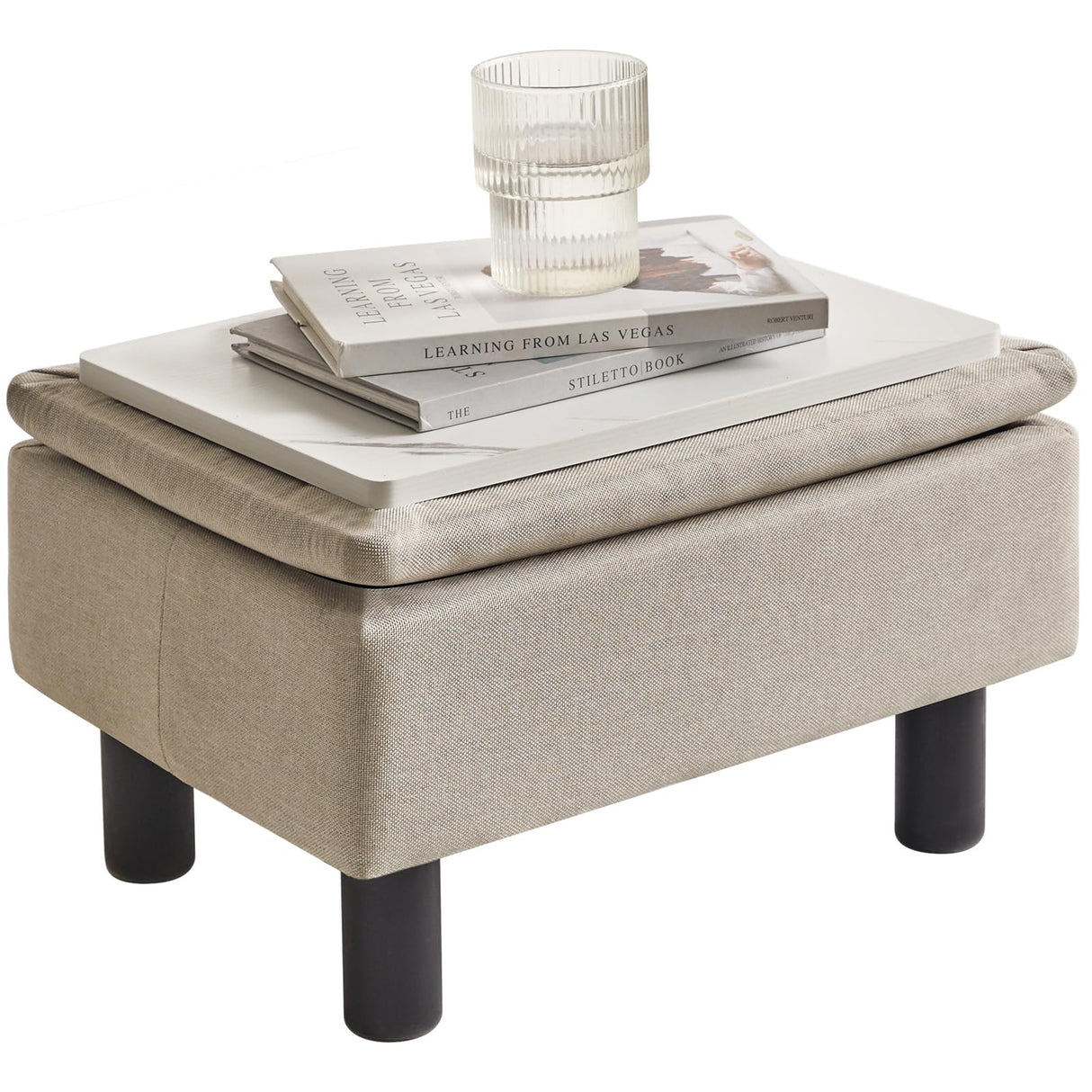 IBUYKE Storage Ottoman Footrest Stool with Linen Fabric, Rectangular, Flip Top Lid, Non-Slip Feet, Compact Design, Stylish and Functional, Linen RF-BD223 IBUYKE