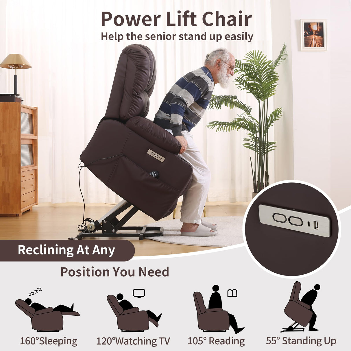 DURASPACE Power Lift Recliner Electric Lift Massage Recliner Chairs with Heat, Large Shell Faux Leather Backrest Lift Chair Recliners for Elderly, Seniors (Brown) DURASPACE