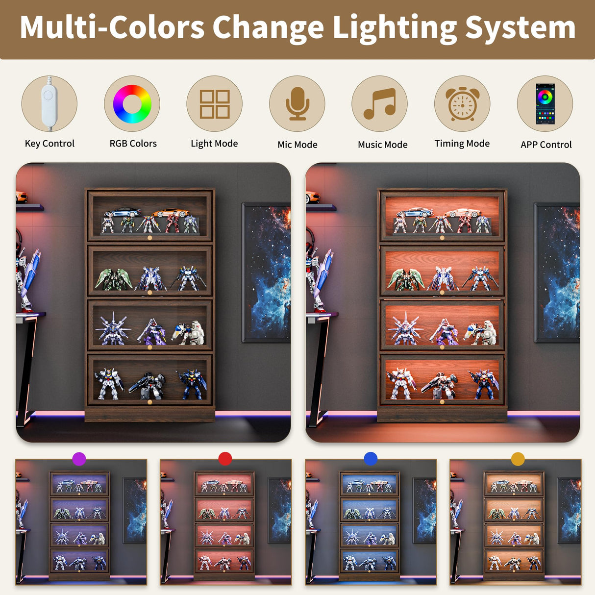 BONITURE Display Cabinet with Acrylic Glass Doors,4-Tiers Curio Cabinet with LED Lighting for Collectibles, Collectibles Toy Organizers Rack & Display Shelf Display Case Storage Cabinet, Walnut BONITURE