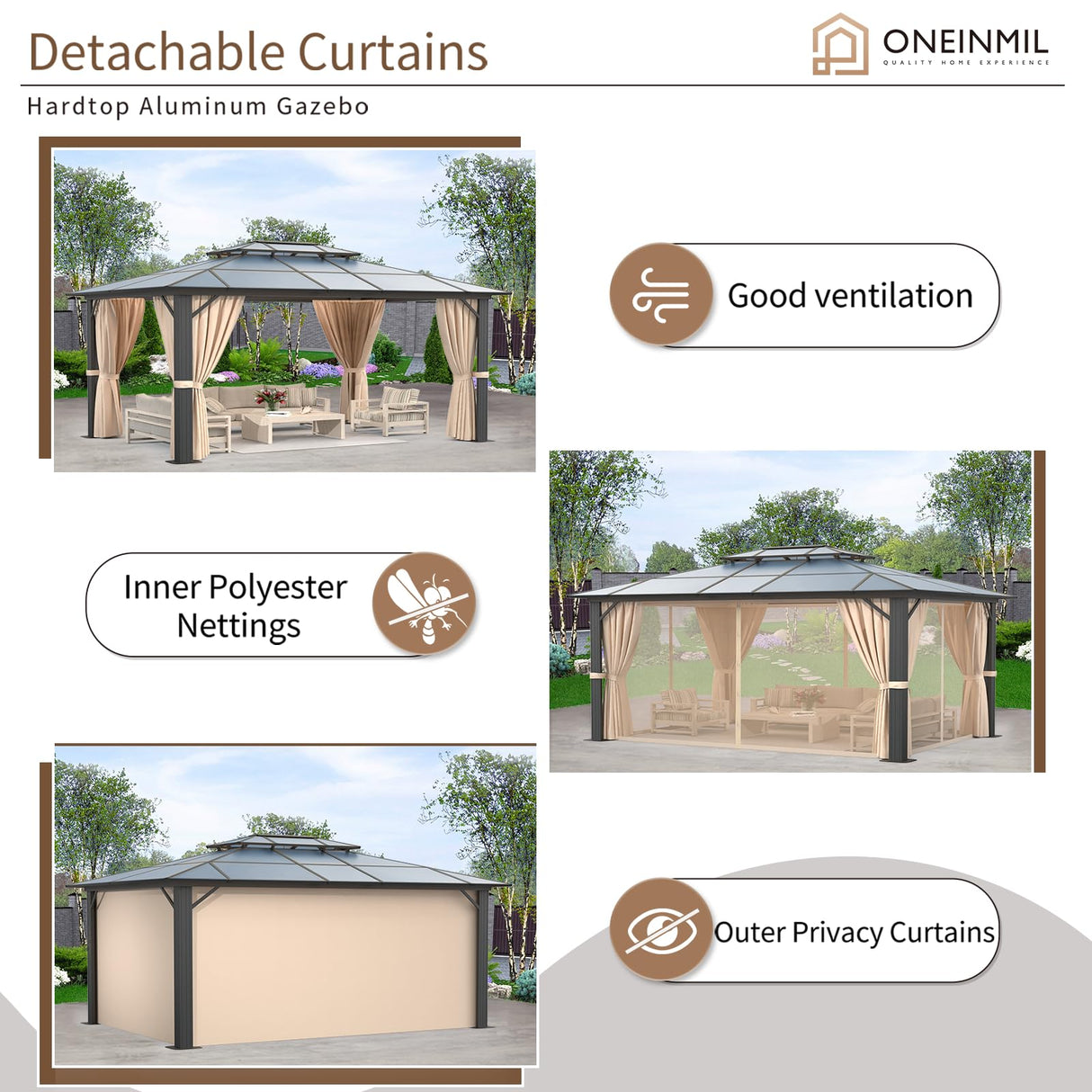 oneinmil 12x16FT Outdoor Polycarbonate Gazebo, Heavy Duty Double Roof Hardtop Gazebo with Aluminum Frame and Netting and Curtains for Patios oneinmil