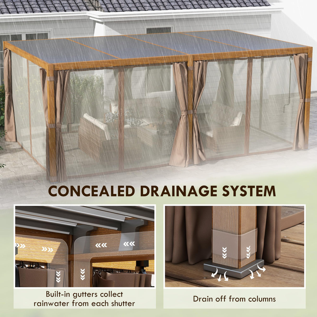 Outsunny 12' x 19' Louvered Pergola Hardtop Gazebo with Adjustable Aluminum Roof and Frame, Outdoor Pergola with Curtains and Netting, for Garden, Lawn, Backyard, and Deck, Wood-Like Outsunny