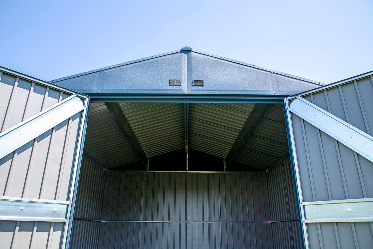 Arrow Shed Elite 14' x 14' Tall Outdoor Steel Storage Shed with High Gable and Lockable Doors Storage Building, Blue Grey Arrow