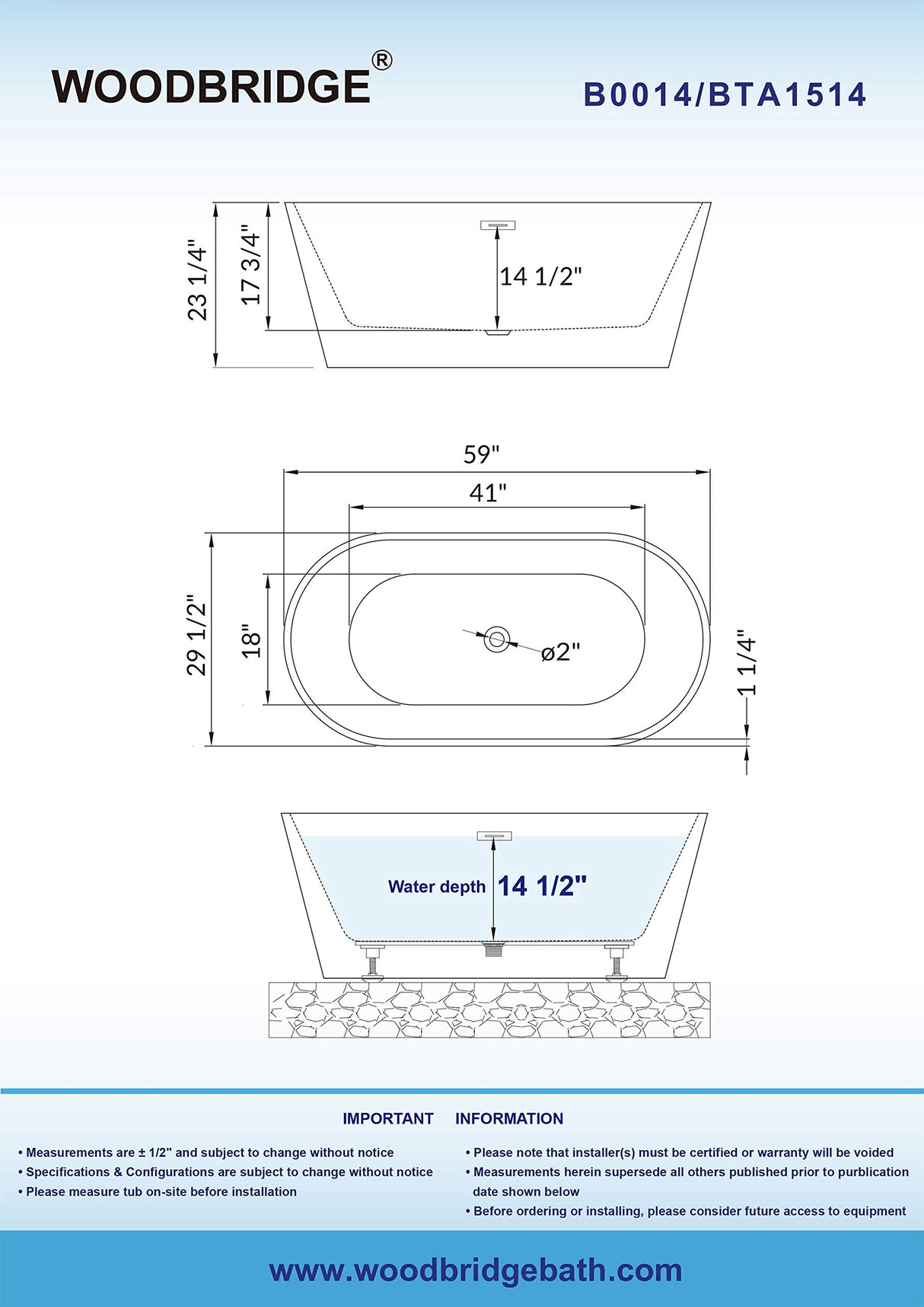 WOODBRIDGE 59" Acrylic Freestanding Bathtub Contemporary Soaking White Tub with Matte Black Overflow and Drain,B0014-MB-Drain &O WOODBRIDGE