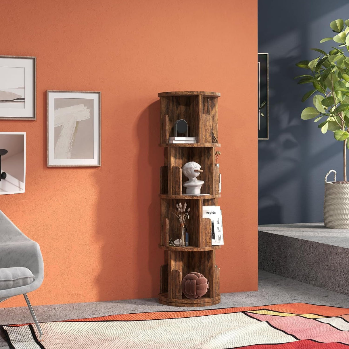 Breezestival 360° Rotating Bookcase, Small Corner Bookcase with a Footprint, Free Standing Bookshelf (4 Tier, Dark Brown) Breezestival