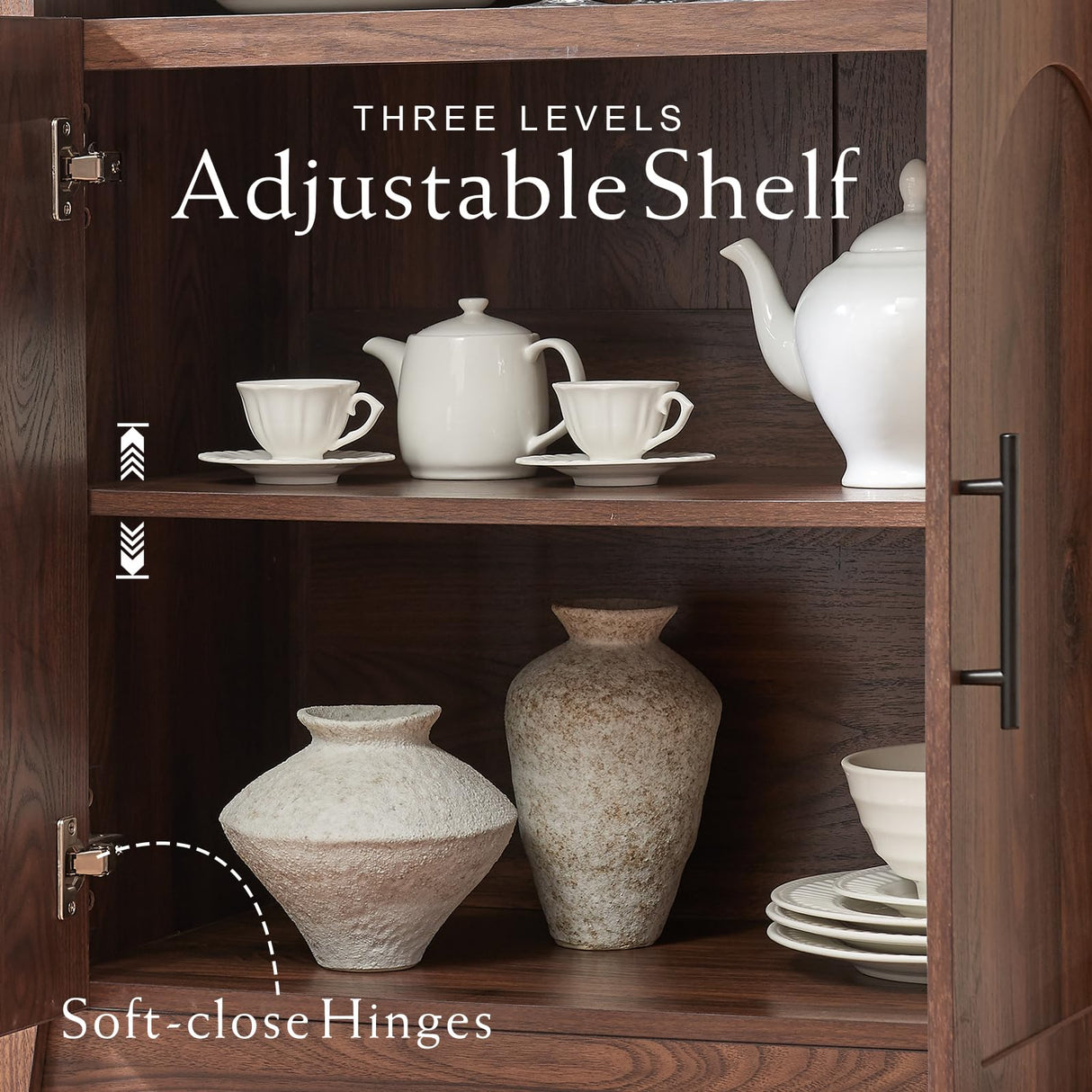 RowyPoey Rattan Arched Cabinet Bookshelf - 69.3” Tall Mid Century Display Cabinet, Rounded Bookcase with Rattan Doors, Open Shelf Storage for Dining Room (Walnut, 1 PC) RowyPoey